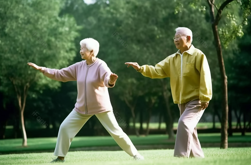 绿色幸福老年夫妇公园练太极拳实景拍摄,高清,摄影图,摄影图片,图片大全,摄影图免费下载